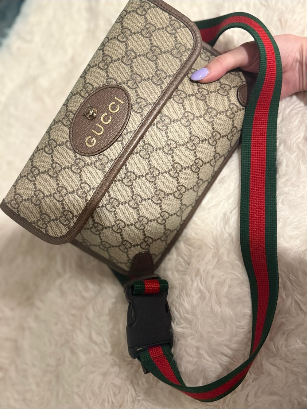 Gucci Beige Monogram Crossbody with Red & Green Web Strap